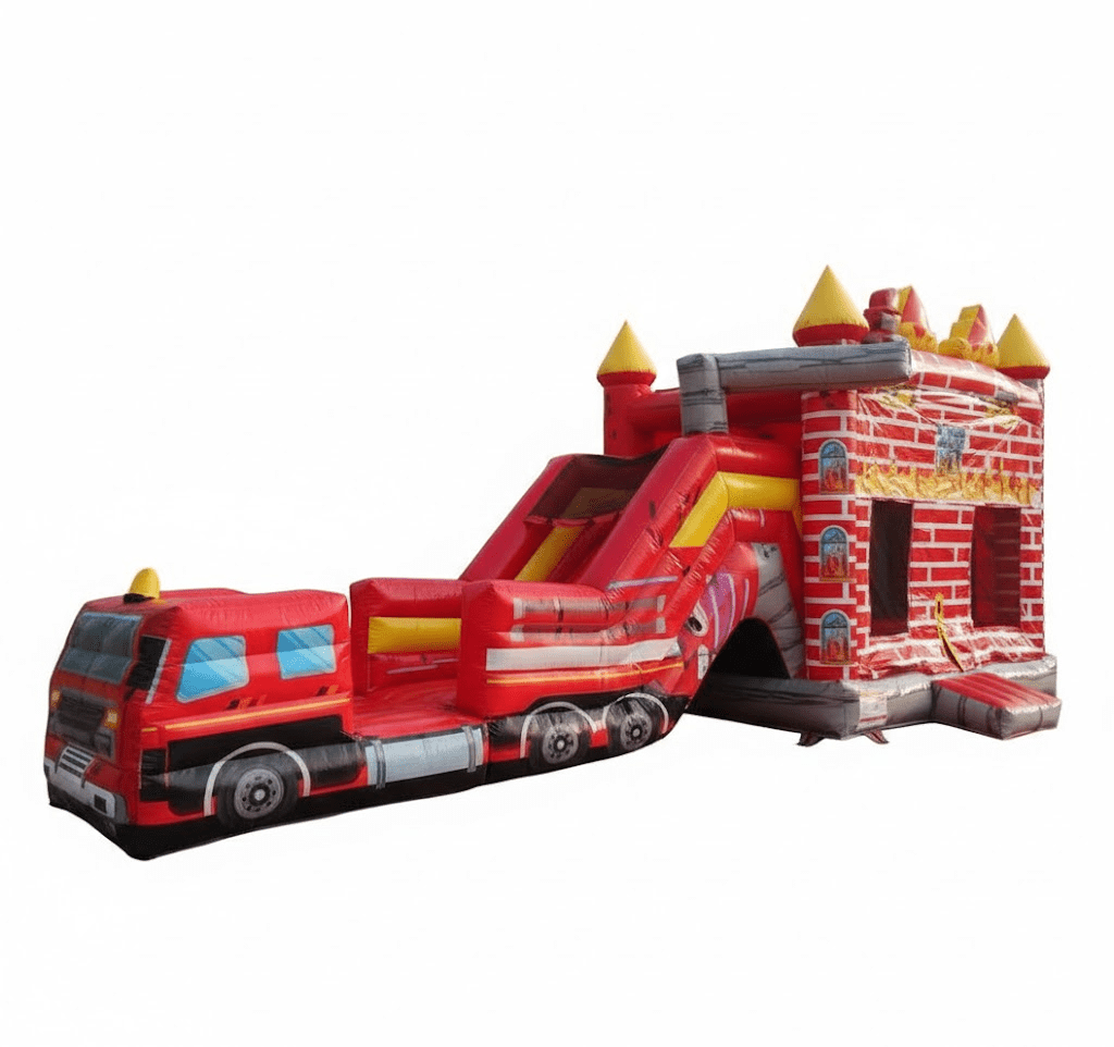 Bounce House Firefighters rental,Fire truck bounce house, kids party rentals Medford, hero themed inflatables, Reyes Party Rentals Medford, children's entertainment Oregon, inflatable slide rentals, party equipment rental services